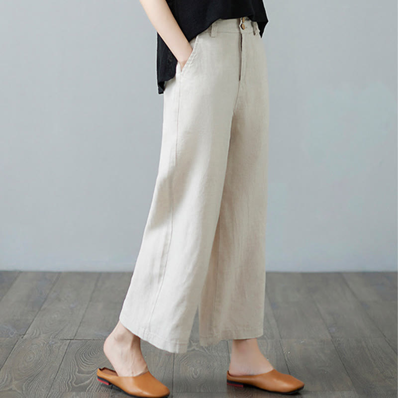 Buddha Stones Codzienny Jednolity Kolor Patchwork Prosty Design Bawełna Len Spodnie Damskie Z Kieszeniami - image 4