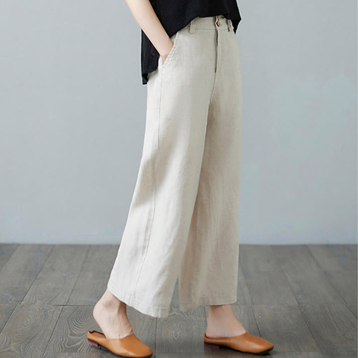 Buddha Stones Codzienny Jednolity Kolor Patchwork Prosty Design Bawełna Len Spodnie Damskie Z Kieszeniami - image 4