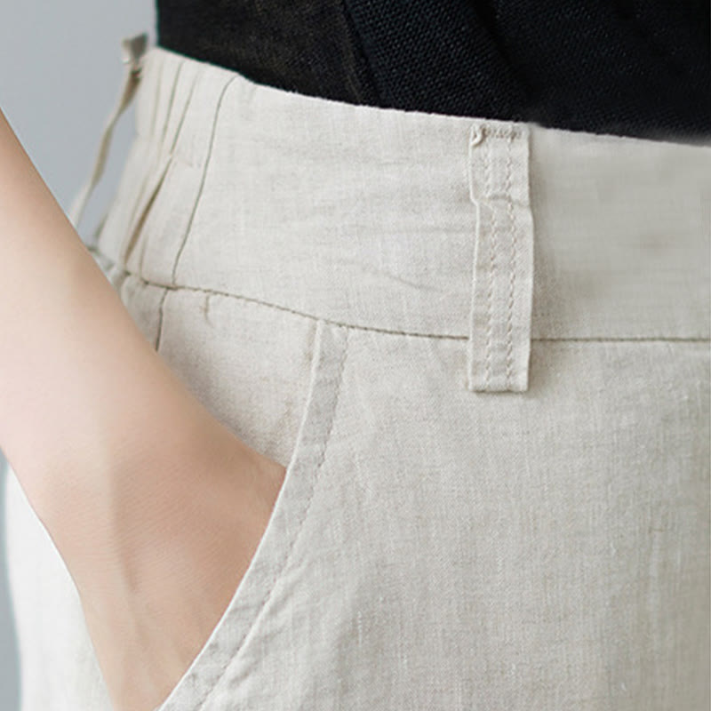 Buddha Stones Codzienny Jednolity Kolor Patchwork Prosty Design Bawełna Len Spodnie Damskie Z Kieszeniami - image 10