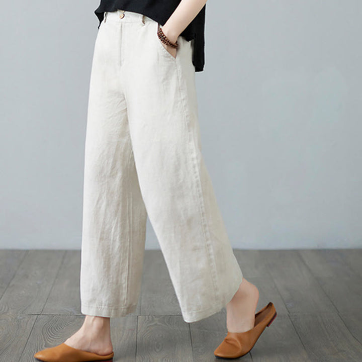 Buddha Stones Codzienny Jednolity Kolor Patchwork Prosty Design Bawełna Len Spodnie Damskie Z Kieszeniami - image 3