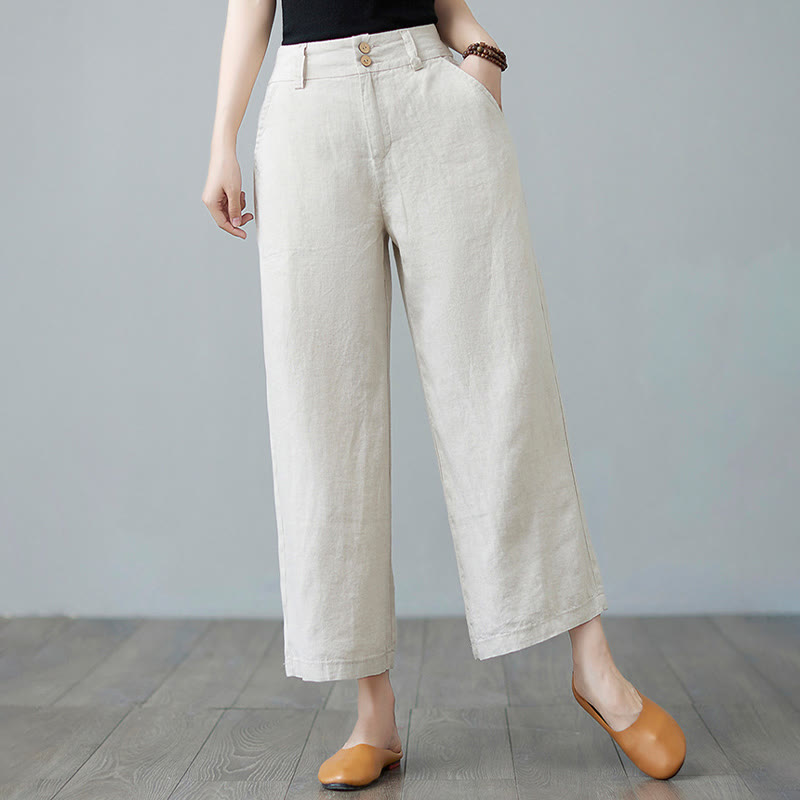 Buddha Stones Codzienny Jednolity Kolor Patchwork Prosty Design Bawełna Len Spodnie Damskie Z Kieszeniami - Beżowy - US8-10，UK/AU12-14，EU40-42 (2XL) - image 0