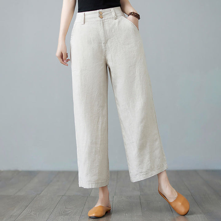 Buddha Stones Codzienny Jednolity Kolor Patchwork Prosty Design Bawełna Len Spodnie Damskie Z Kieszeniami - Beżowy - US8-10，UK/AU12-14，EU40-42 (2XL) - image 0