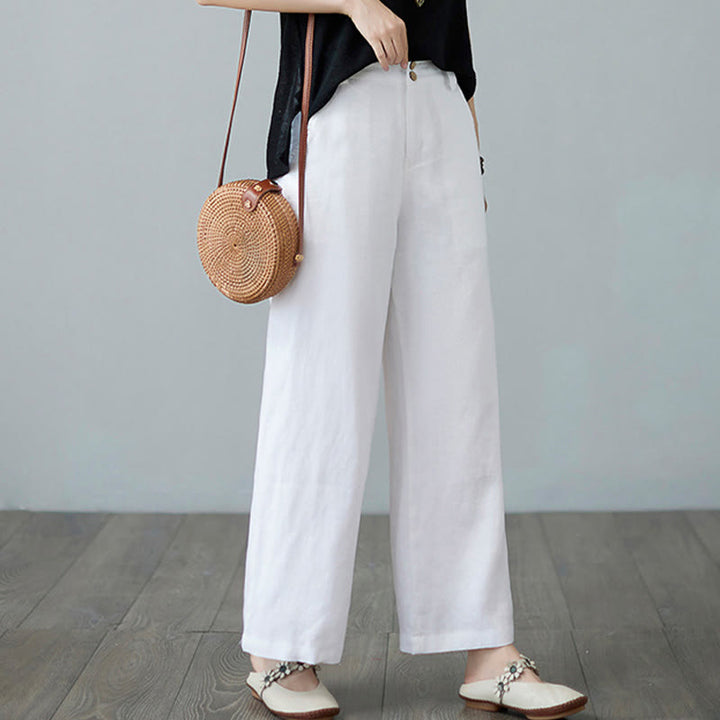 Buddha Stones Codzienny Jednolity Kolor Patchwork Prosty Design Bawełna Len Spodnie Damskie Z Kieszeniami - image 20