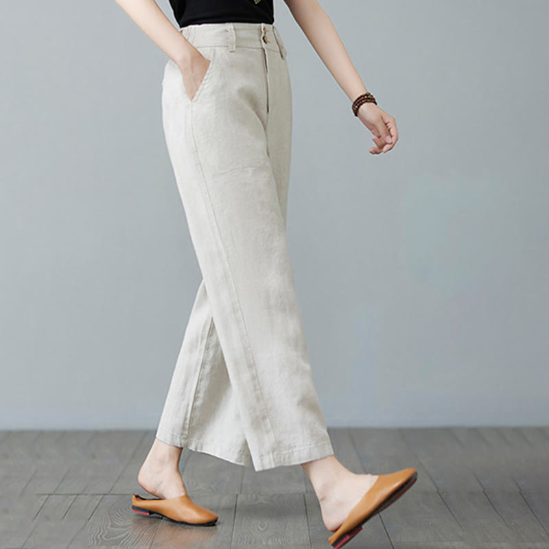 Buddha Stones Codzienny Jednolity Kolor Patchwork Prosty Design Bawełna Len Spodnie Damskie Z Kieszeniami - image 7