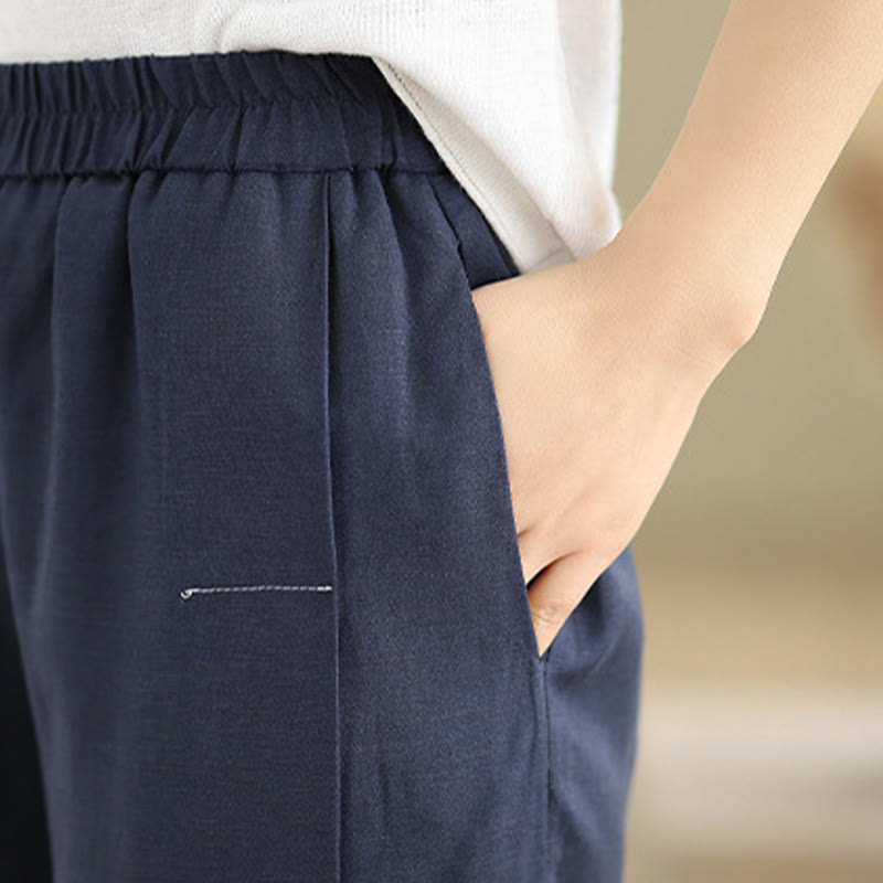 Buddha Stones Wiosna Casual Granatowy Prosty Design Linii Bawełniane Damskie Spodnie Szerokie Nogawki Z Kieszeniami - image 6