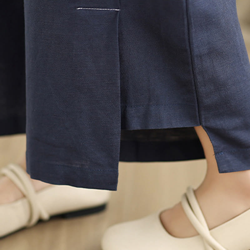 Buddha Stones Wiosna Casual Granatowy Prosty Design Linii Bawełniane Damskie Spodnie Szerokie Nogawki Z Kieszeniami - image 8