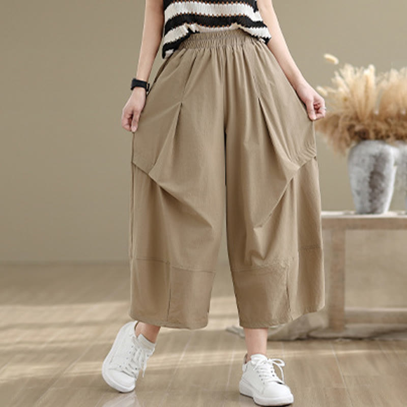 Spodnie damskie z szerokimi nogawkami Buddha Stones Summer Irregular Pleating Design Cotton z kieszeniami - image 1