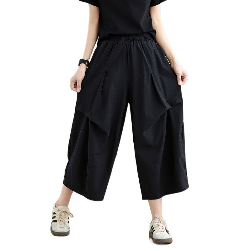 Spodnie damskie z szerokimi nogawkami Buddha Stones Summer Irregular Pleating Design Cotton z kieszeniami