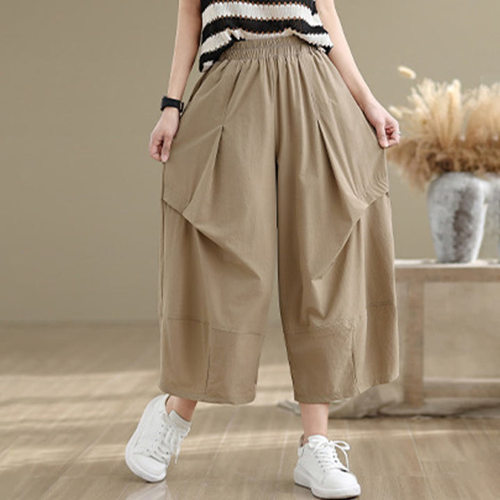 Spodnie damskie z szerokimi nogawkami Buddha Stones Summer Irregular Pleating Design Cotton z kieszeniami