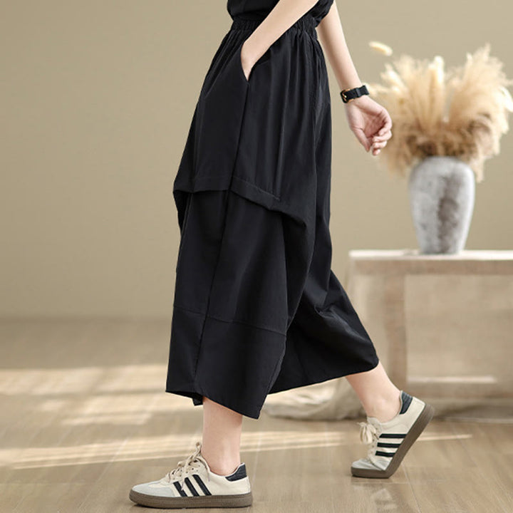 Spodnie damskie z szerokimi nogawkami Buddha Stones Summer Irregular Pleating Design Cotton z kieszeniami