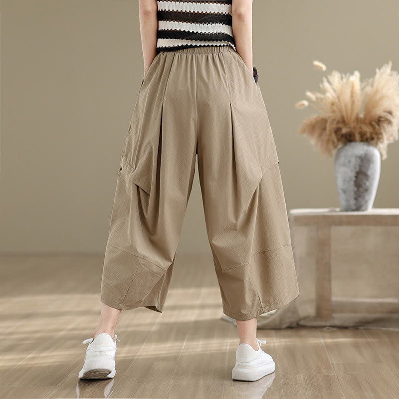 Spodnie damskie z szerokimi nogawkami Buddha Stones Summer Irregular Pleating Design Cotton z kieszeniami