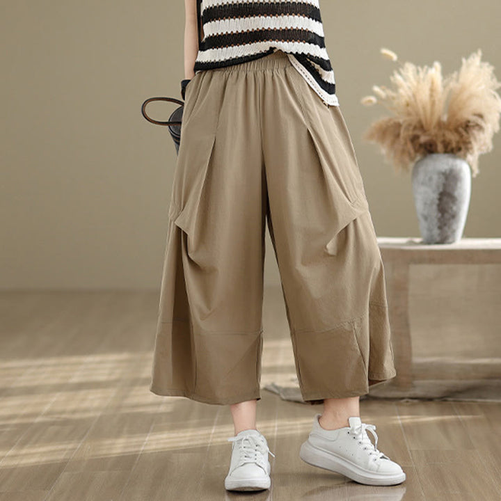 Spodnie damskie z szerokimi nogawkami Buddha Stones Summer Irregular Pleating Design Cotton z kieszeniami