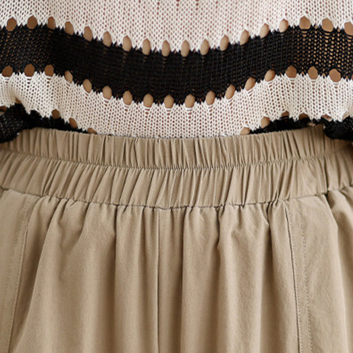 Spodnie damskie z szerokimi nogawkami Buddha Stones Summer Irregular Pleating Design Cotton z kieszeniami