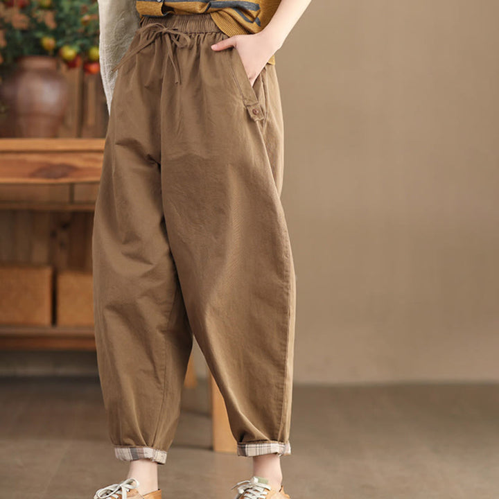 Spodnie damskie Harem Cropped z bawełny Buddha Stones Casual Plain Patched Cuff Design z kieszeniami