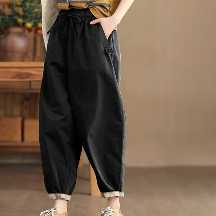 Spodnie damskie Harem Cropped z bawełny Buddha Stones Casual Plain Patched Cuff Design z kieszeniami