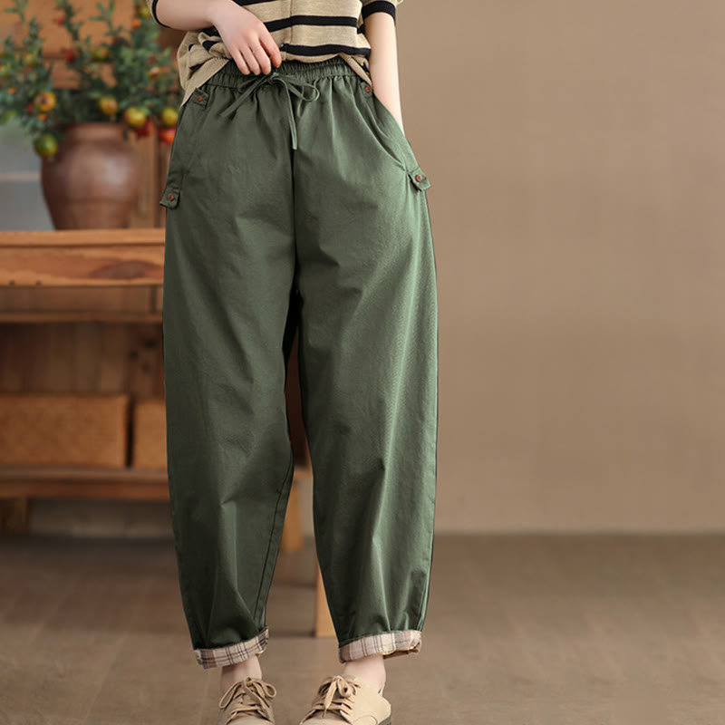 Spodnie damskie Harem Cropped z bawełny Buddha Stones Casual Plain Patched Cuff Design z kieszeniami