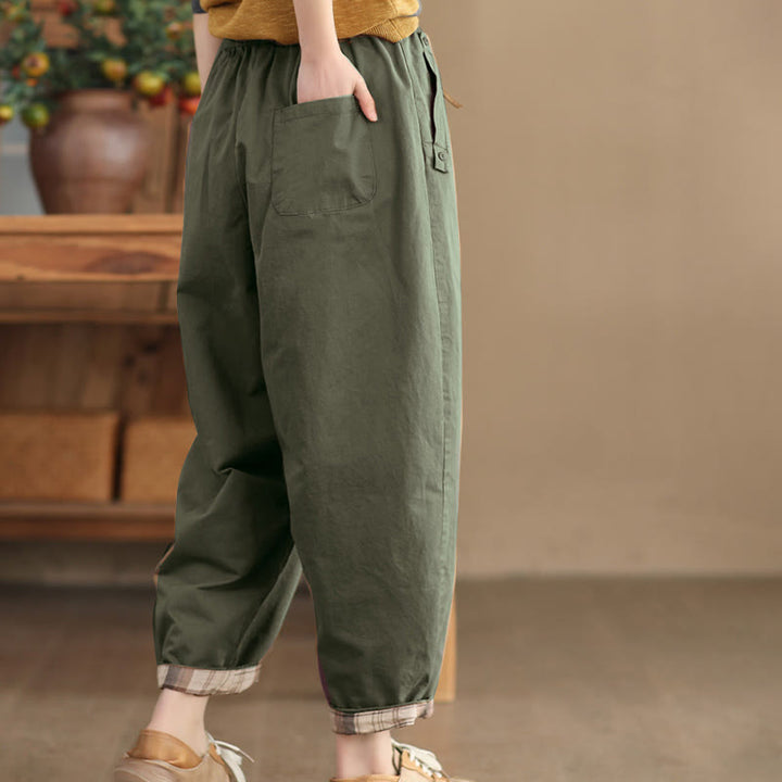 Spodnie damskie Harem Cropped z bawełny Buddha Stones Casual Plain Patched Cuff Design z kieszeniami
