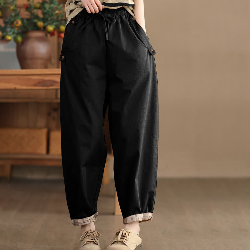 Spodnie damskie Harem Cropped z bawełny Buddha Stones Casual Plain Patched Cuff Design z kieszeniami
