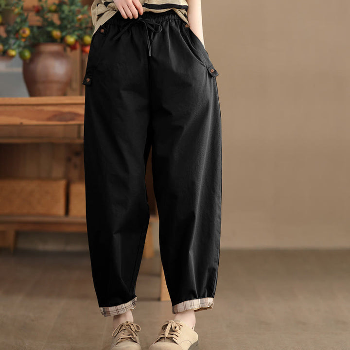 Spodnie damskie Harem Cropped z bawełny Buddha Stones Casual Plain Patched Cuff Design z kieszeniami
