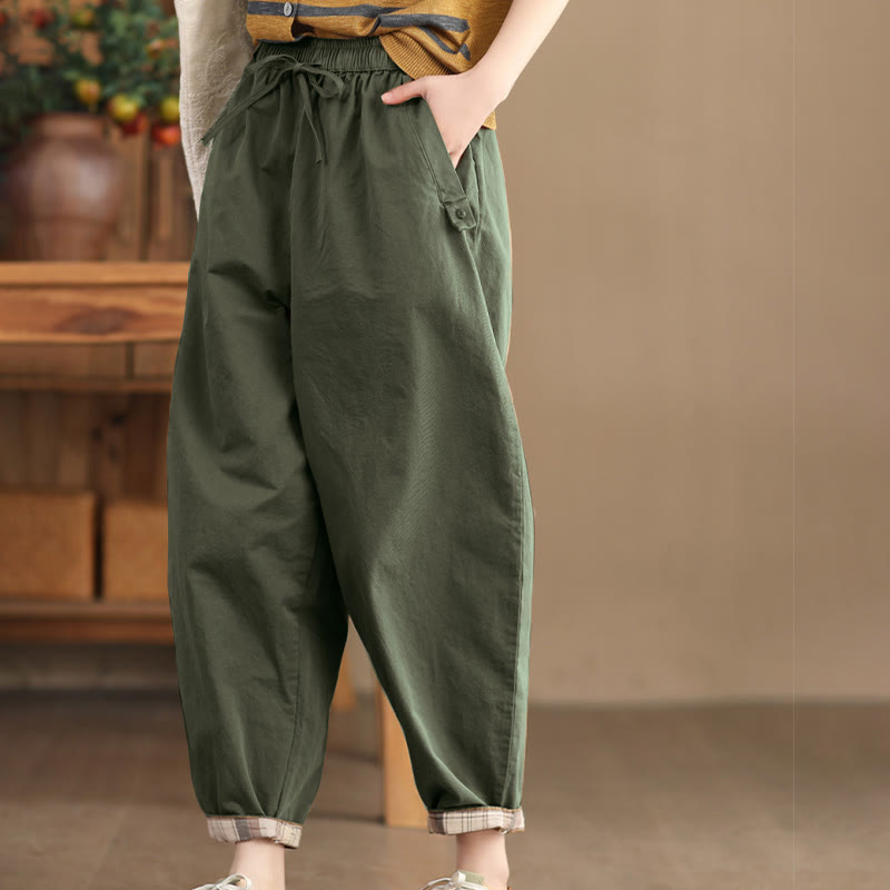 Spodnie damskie Harem Cropped z bawełny Buddha Stones Casual Plain Patched Cuff Design z kieszeniami