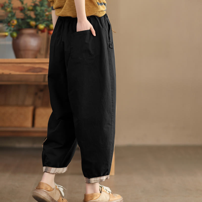 Spodnie damskie Harem Cropped z bawełny Buddha Stones Casual Plain Patched Cuff Design z kieszeniami