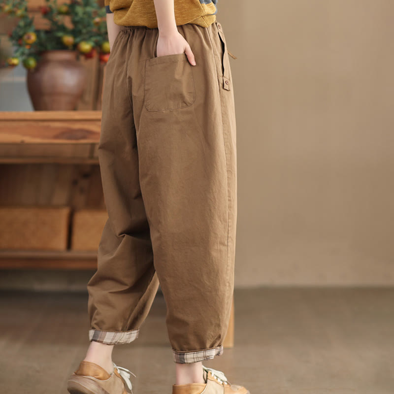 Spodnie damskie Harem Cropped z bawełny Buddha Stones Casual Plain Patched Cuff Design z kieszeniami