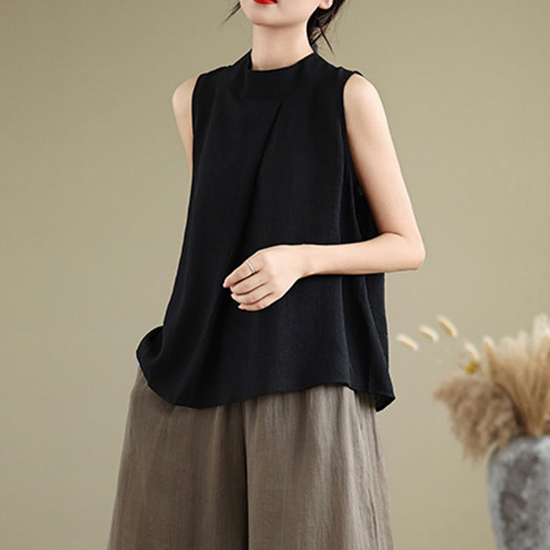 Buddha Stones, swobodny, prosty tył, guziki, stójka, bawełna, len, damska kamizelka bez rękawów - image 21