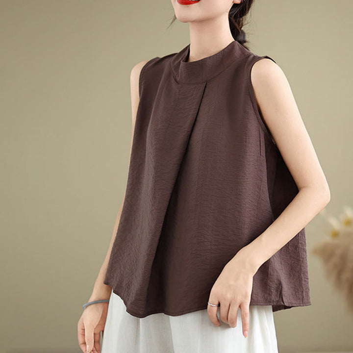 Buddha Stones, swobodny, prosty tył, guziki, stójka, bawełna, len, damska kamizelka bez rękawów - Kasztanowaty - US8-10，UK/AU12-14，EU40-42 (2XL) - image 0