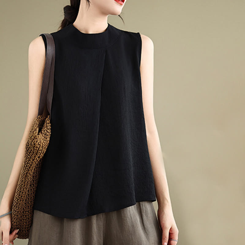 Buddha Stones, swobodny, prosty tył, guziki, stójka, bawełna, len, damska kamizelka bez rękawów - image 19