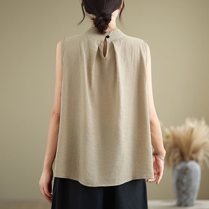 Buddha Stones, swobodny, prosty tył, guziki, stójka, bawełna, len, damska kamizelka bez rękawów - image 16
