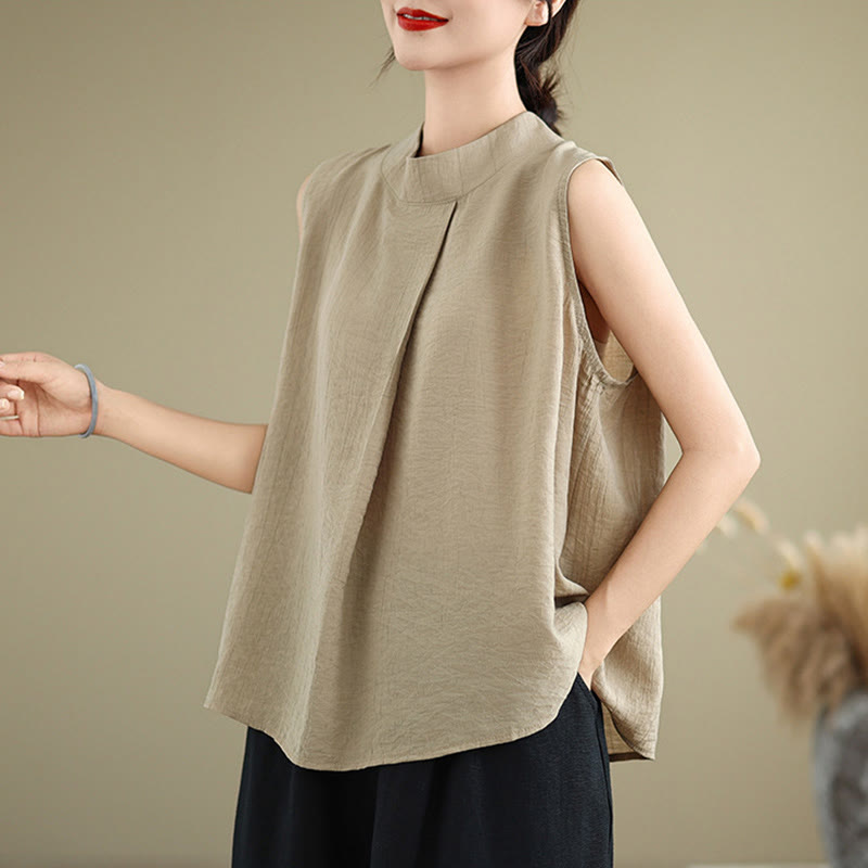 Buddha Stones, swobodny, prosty tył, guziki, stójka, bawełna, len, damska kamizelka bez rękawów - image 12