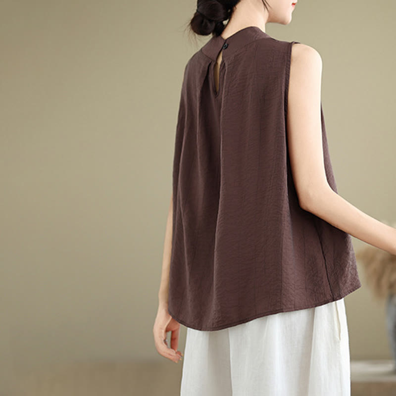 Buddha Stones, swobodny, prosty tył, guziki, stójka, bawełna, len, damska kamizelka bez rękawów - image 6