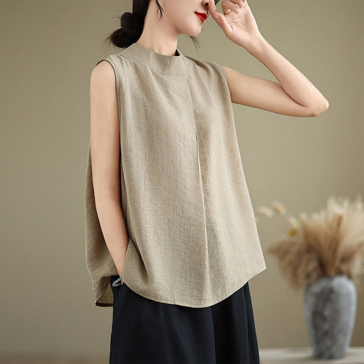 Buddha Stones, swobodny, prosty tył, guziki, stójka, bawełna, len, damska kamizelka bez rękawów - Blada nawłoć - US8-10，UK/AU12-14，EU40-42 (2XL) - image 11