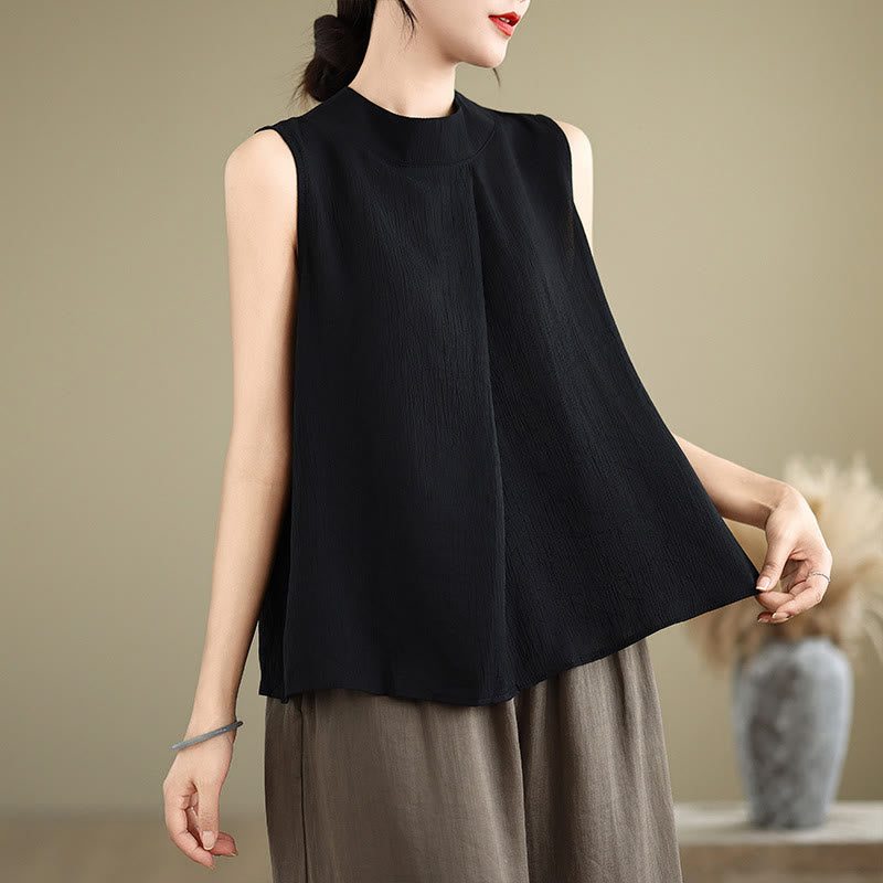 Buddha Stones, swobodny, prosty tył, guziki, stójka, bawełna, len, damska kamizelka bez rękawów - Czarny - US8-10，UK/AU12-14，EU40-42 (2XL) - image 18