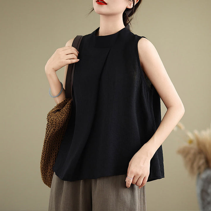 Buddha Stones, swobodny, prosty tył, guziki, stójka, bawełna, len, damska kamizelka bez rękawów - image 20