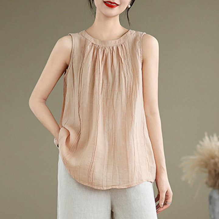 Kamizelka bez rękawów damska z bawełny i lnu z okrągłym dekoltem i prostym wzorem " Buddha Stones z letnimi zmarszczkami" - image 27