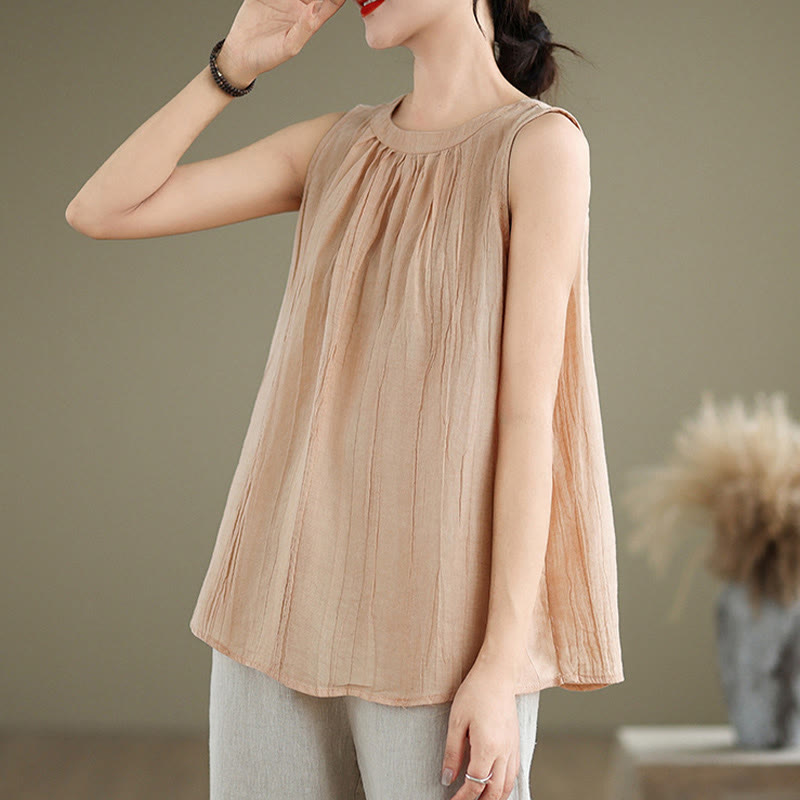 Kamizelka bez rękawów damska z bawełny i lnu z okrągłym dekoltem i prostym wzorem " Buddha Stones z letnimi zmarszczkami" - image 30