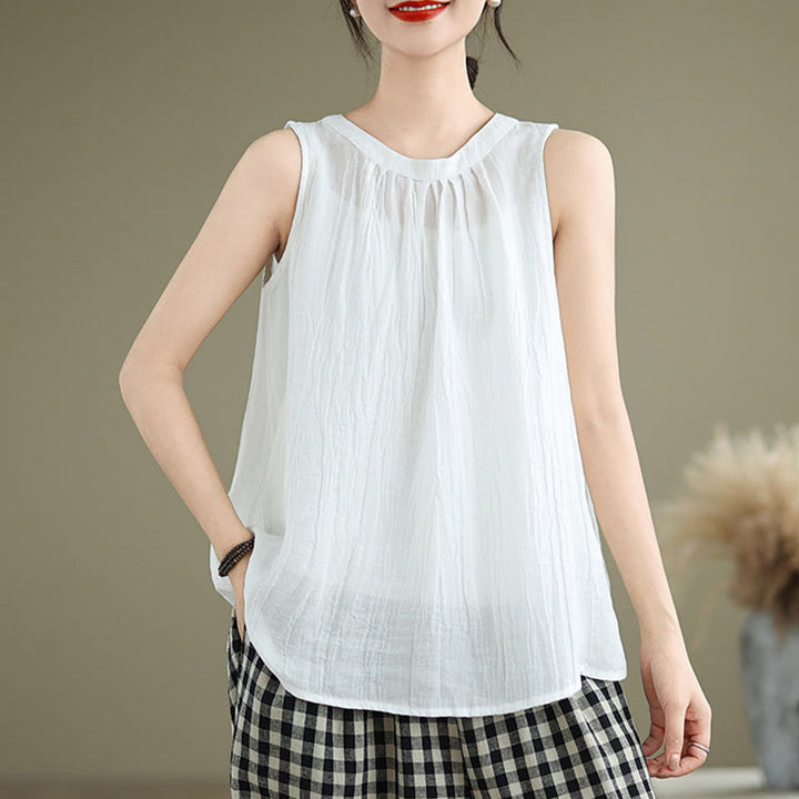 Kamizelka bez rękawów damska z bawełny i lnu z okrągłym dekoltem i prostym wzorem " Buddha Stones z letnimi zmarszczkami" - image 11