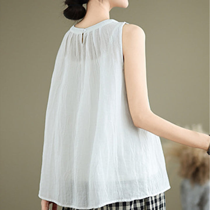 Kamizelka bez rękawów damska z bawełny i lnu z okrągłym dekoltem i prostym wzorem " Buddha Stones z letnimi zmarszczkami" - image 14