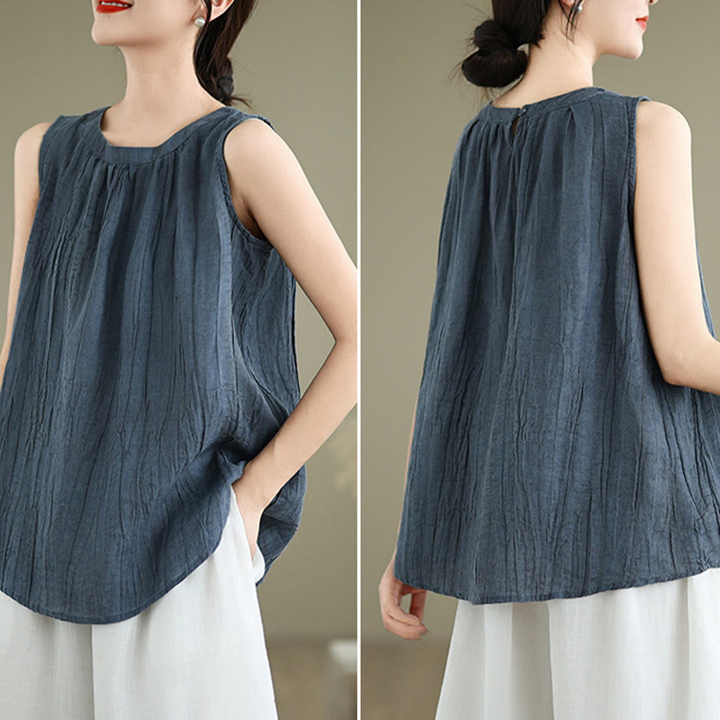 Kamizelka bez rękawów damska z bawełny i lnu z okrągłym dekoltem i prostym wzorem " Buddha Stones z letnimi zmarszczkami" - image 19