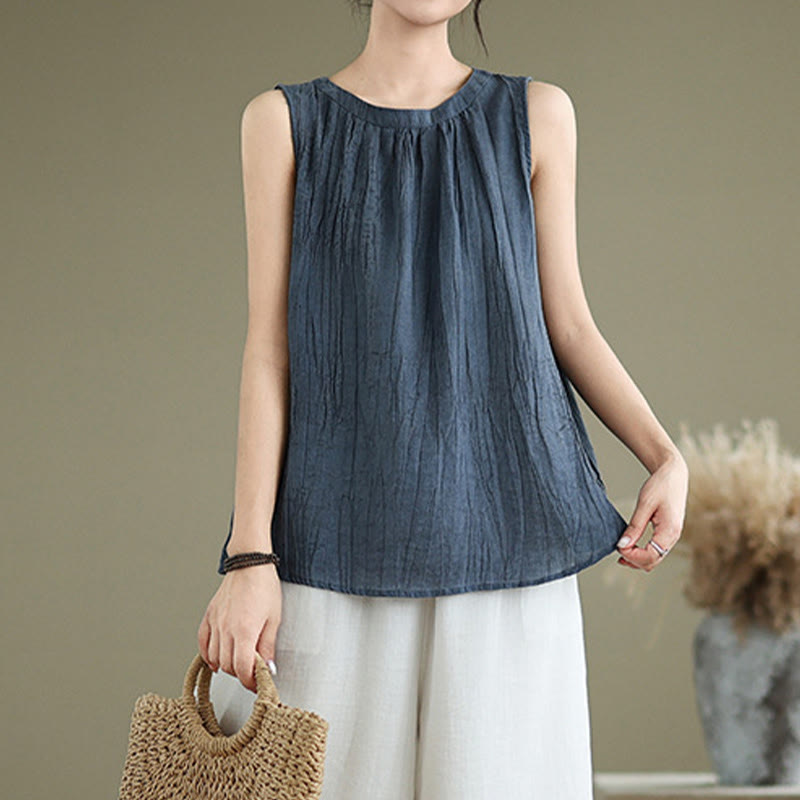 Kamizelka bez rękawów damska z bawełny i lnu z okrągłym dekoltem i prostym wzorem " Buddha Stones z letnimi zmarszczkami" - image 16