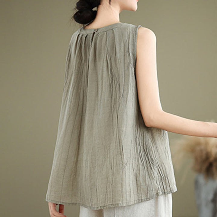 Kamizelka bez rękawów damska z bawełny i lnu z okrągłym dekoltem i prostym wzorem " Buddha Stones z letnimi zmarszczkami" - image 2