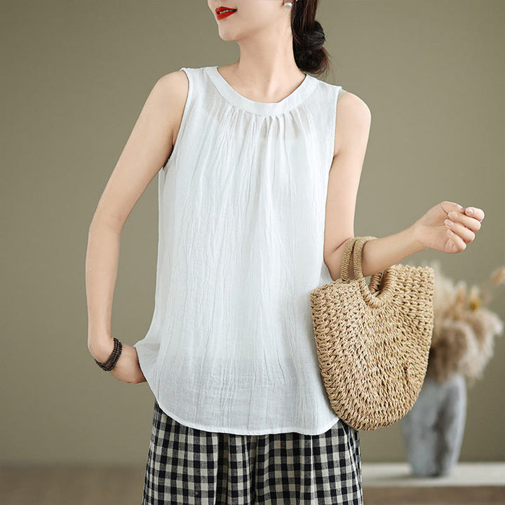 Kamizelka bez rękawów damska z bawełny i lnu z okrągłym dekoltem i prostym wzorem " Buddha Stones z letnimi zmarszczkami" - Biały - US8-10，UK/AU12-14，EU40-42 (2XL) - image 10