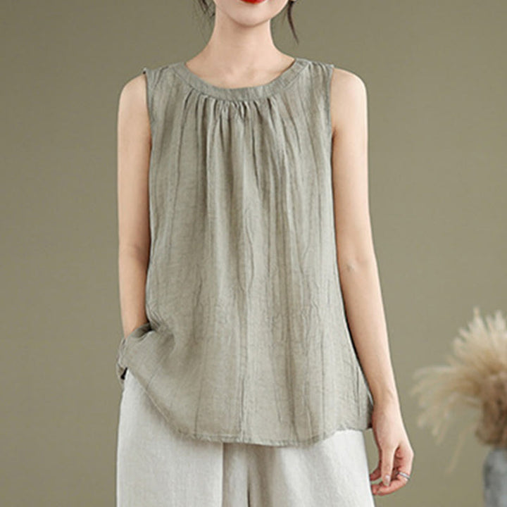 Kamizelka bez rękawów damska z bawełny i lnu z okrągłym dekoltem i prostym wzorem " Buddha Stones z letnimi zmarszczkami" - image 1