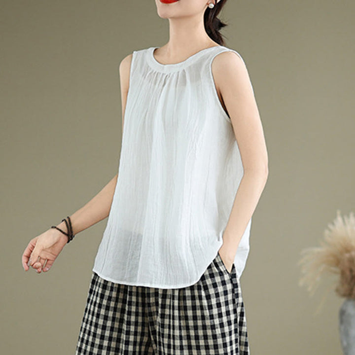 Kamizelka bez rękawów damska z bawełny i lnu z okrągłym dekoltem i prostym wzorem " Buddha Stones z letnimi zmarszczkami" - image 13