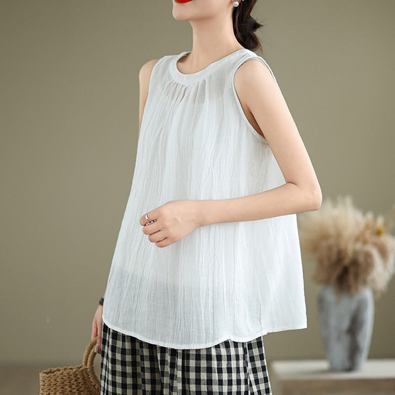 Kamizelka bez rękawów damska z bawełny i lnu z okrągłym dekoltem i prostym wzorem " Buddha Stones z letnimi zmarszczkami" - image 12