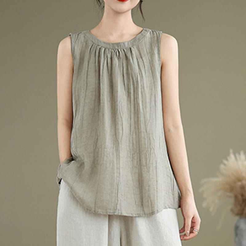 Kamizelka bez rękawów damska z bawełny i lnu z okrągłym dekoltem i prostym wzorem " Buddha Stones z letnimi zmarszczkami" - image 1
