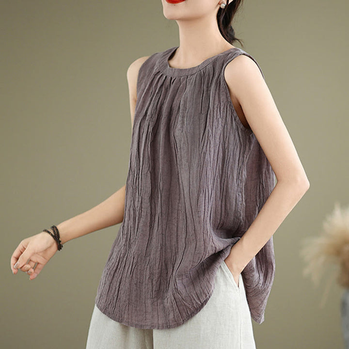 Kamizelka bez rękawów damska z bawełny i lnu z okrągłym dekoltem i prostym wzorem " Buddha Stones z letnimi zmarszczkami" - image 21