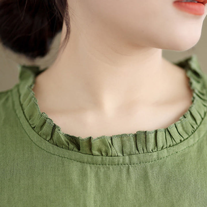 Buddha Stones Letnia falbaniasta damska kamizelka ze ściągaczem i okrągłym dekoltem z bawełny i lnu - image 7