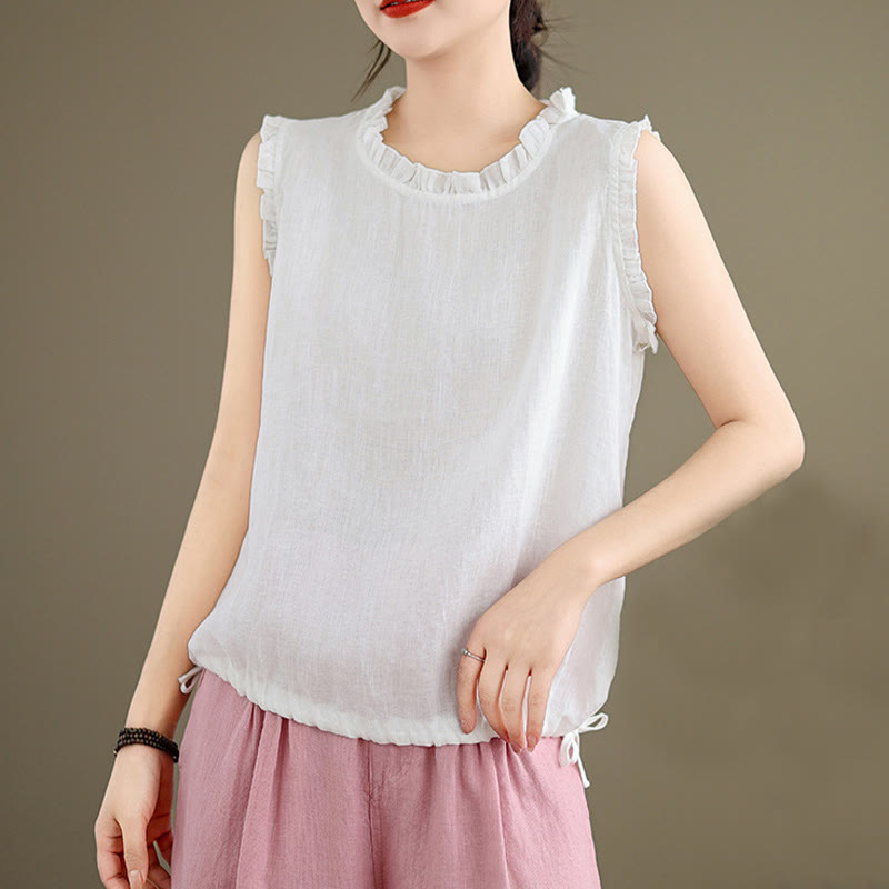 Buddha Stones Letnia falbaniasta damska kamizelka ze ściągaczem i okrągłym dekoltem z bawełny i lnu - image 24